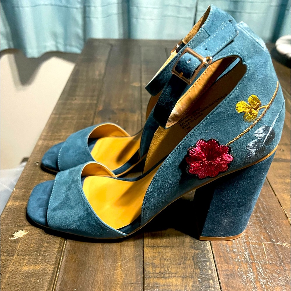 Nanette Lepore Teal Suede Block Heels with Embroidered Floral Accents
